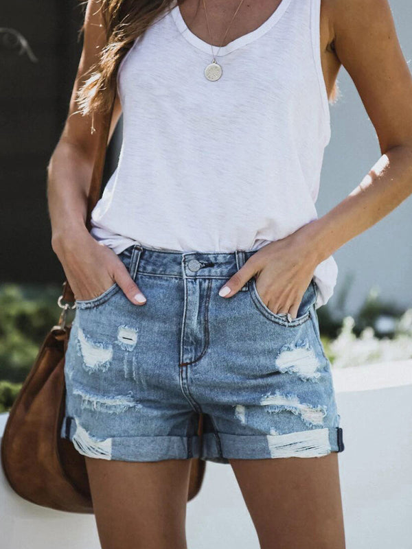 DESTROYED HIGH STRETCH DENIM SHORTS