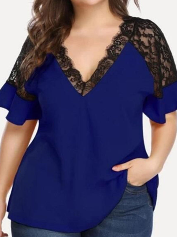 Women’s Plus Size Solid Color Lace Trim Sleeve Blouse