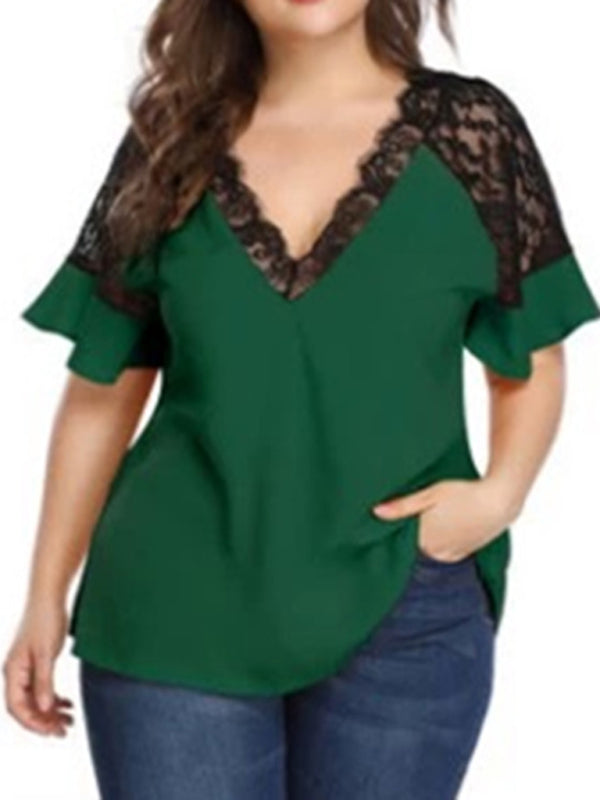 Women’s Plus Size Solid Color Lace Trim Sleeve Blouse