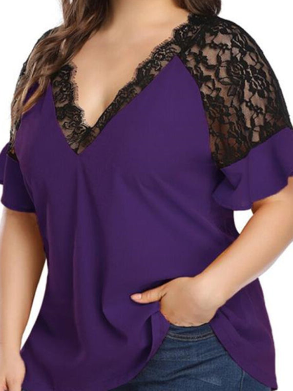 Women’s Plus Size Solid Color Lace Trim Sleeve Blouse