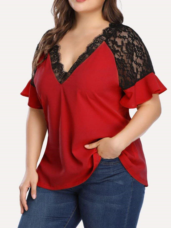 Women’s Plus Size Solid Color Lace Trim Sleeve Blouse
