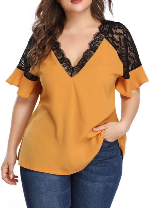 Women’s Plus Size Solid Color Lace Trim Sleeve Blouse
