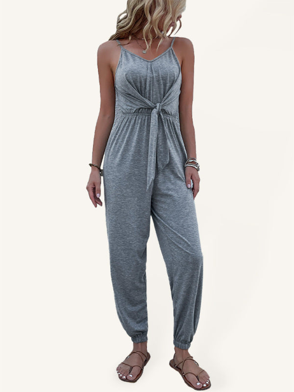Women’s Solid Color Tie Front Sleeveless Jumpsuit