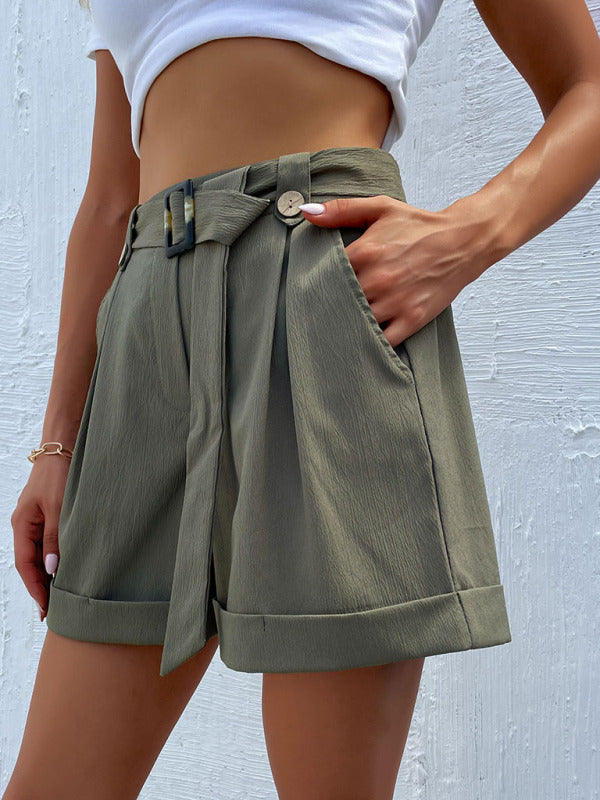 Women’s Solid Color Belted High Waist Shorts