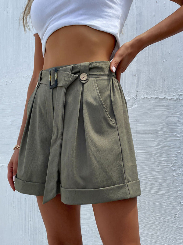 Women’s Solid Color Belted High Waist Shorts