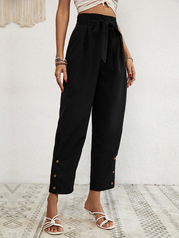 Women's Solid Color Tie Waist Straight Leg Pants
