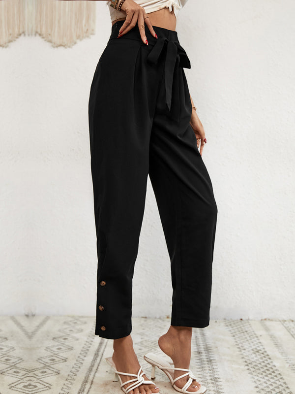 Women's Solid Color Tie Waist Straight Leg Pants