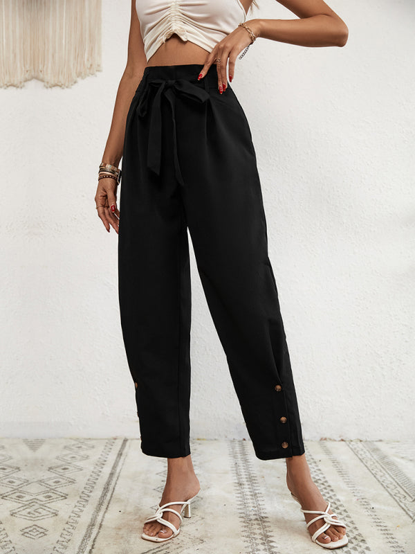 Women's Solid Color Tie Waist Straight Leg Pants