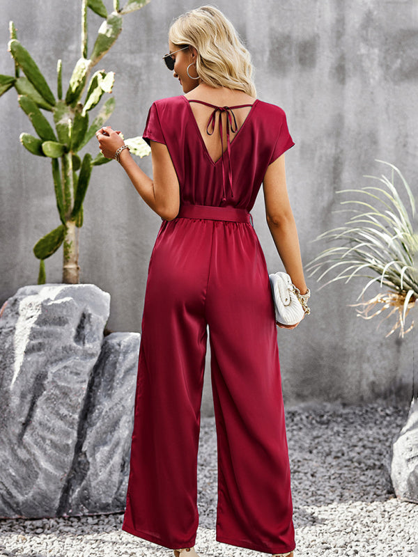 Women's Elegant Solid Color V Neck Jumpsuit