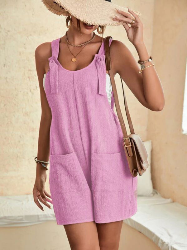 Women's Solid Color Patch Pocket Lace Up Casual Overalls