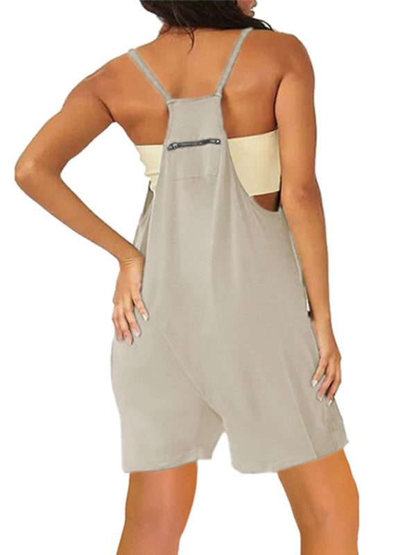 Women's Solid Color Sleeveless Back Zipper Pocket Rompers