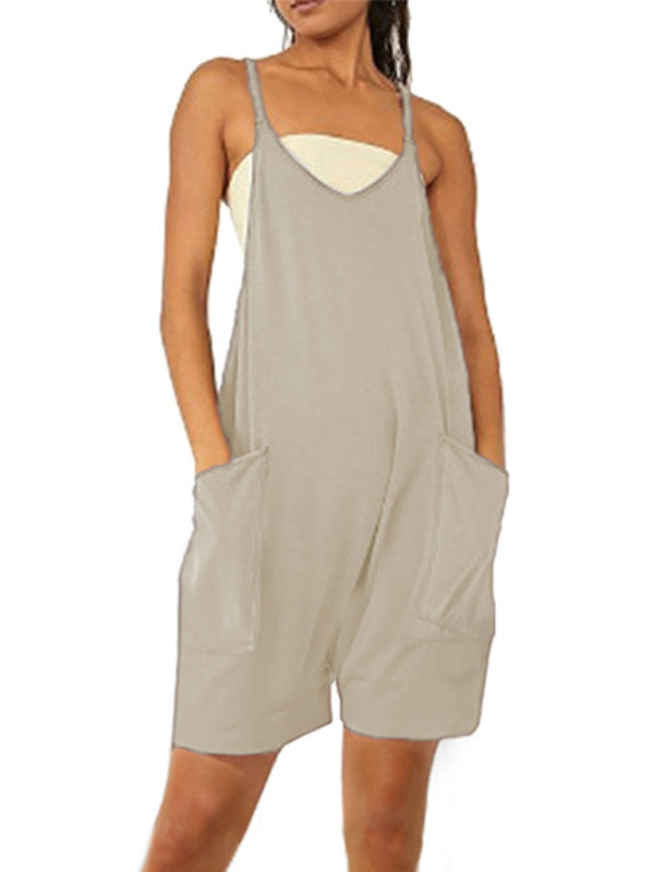 Women's Solid Color Sleeveless Back Zipper Pocket Rompers