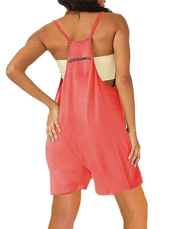 Women's Solid Color Sleeveless Back Zipper Pocket Rompers