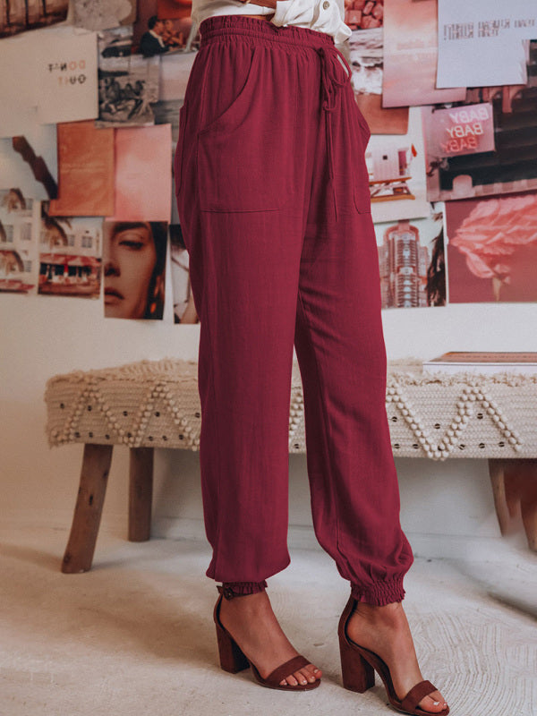 Bloomers Solid Color Cotton Linen Pants Ladies Pocket Drawstring Casual Pants
