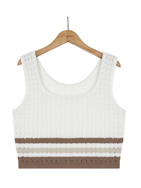 Women's Stripe Print Open Stitch Linen Crop Sweater Tank And Matching Pencil Skirt