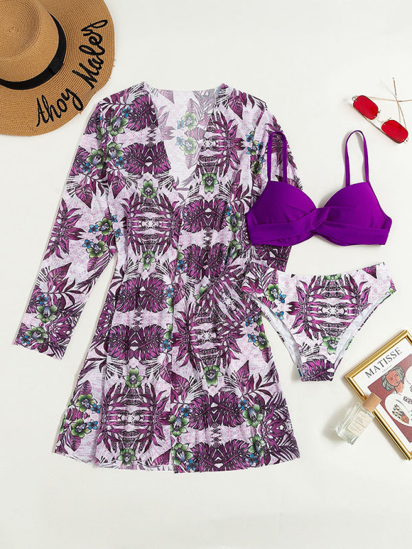 Women's High Waist Printed Three Piece Bikini With Mesh Cape Split Cover-up