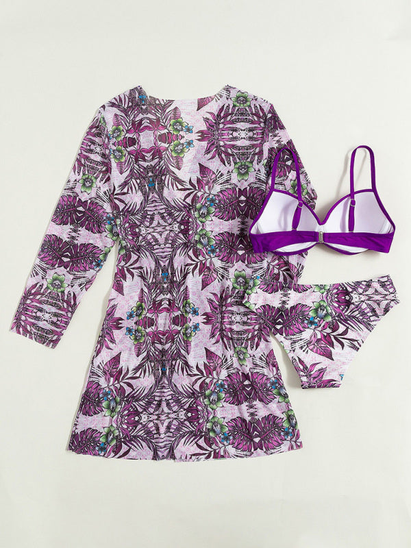 Women's High Waist Printed Three Piece Bikini With Mesh Cape Split Cover-up
