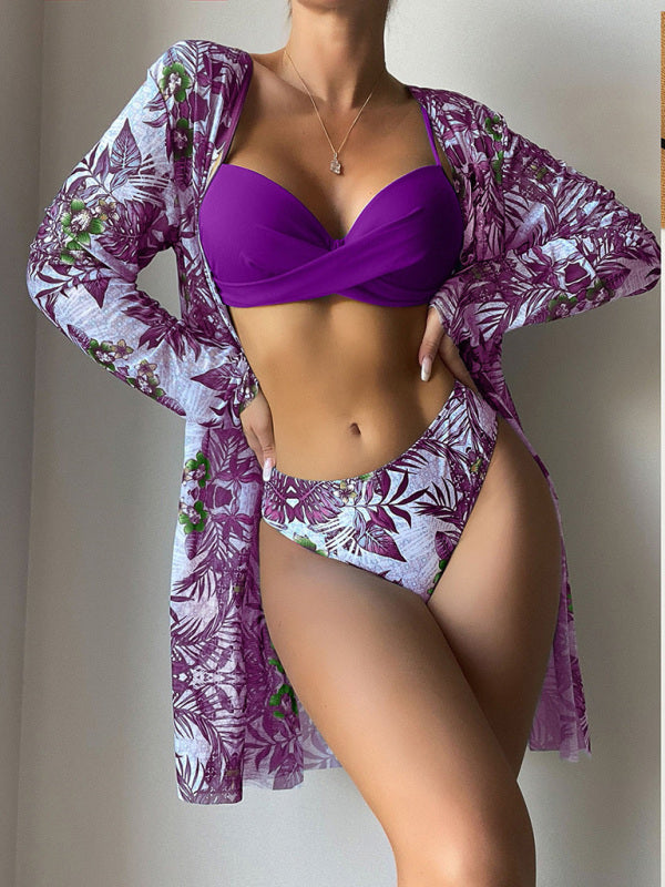 Women's High Waist Printed Three Piece Bikini With Mesh Cape Split Cover-up