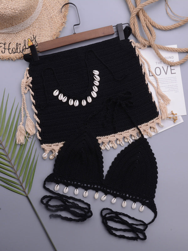 Women's Solid Color Summer Beach Bikini Set Handmade Shell Strap Swimsuit Two-piece