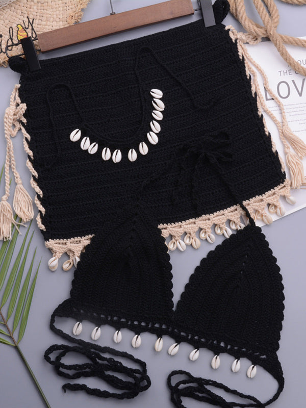 Women's Solid Color Summer Beach Bikini Set Handmade Shell Strap Swimsuit Two-piece
