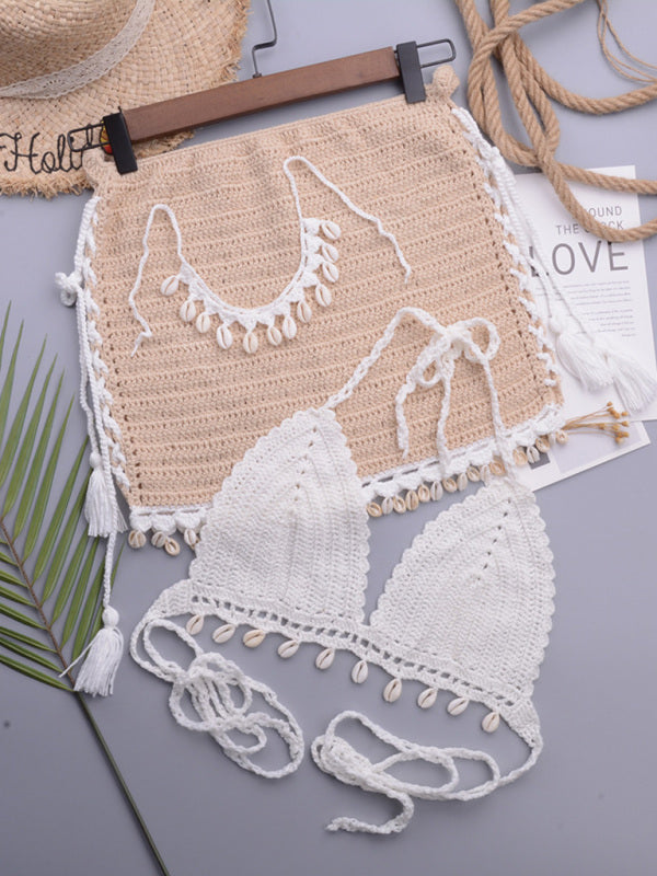 Women's Solid Color Summer Beach Bikini Set Handmade Shell Strap Swimsuit Two-piece