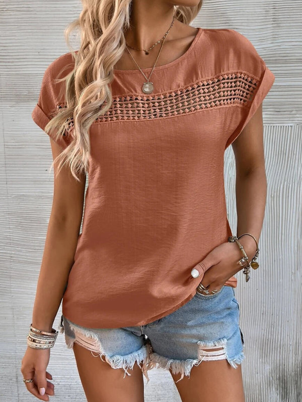 Women's Solid Color Lace Trim Short Sleeve Top