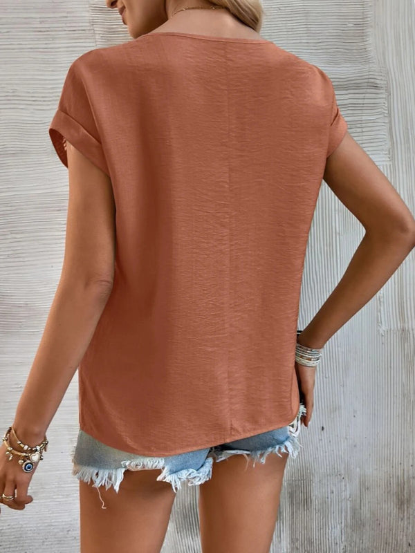 Women's Solid Color Lace Trim Short Sleeve Top