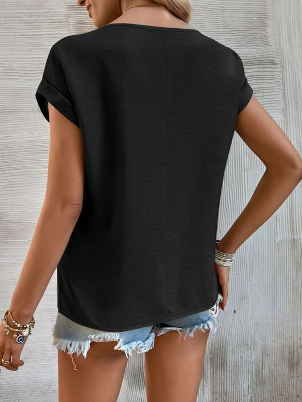 Women's Solid Color Lace Trim Short Sleeve Top