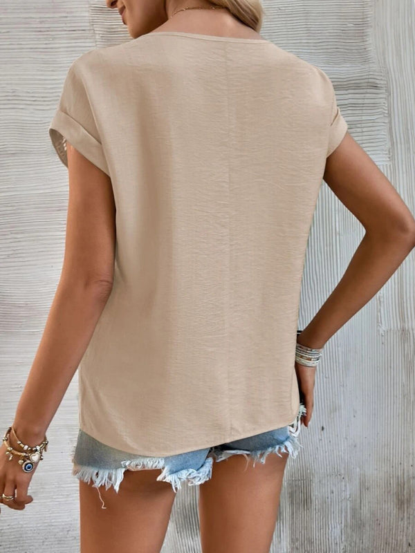 Women's Solid Color Lace Trim Short Sleeve Top