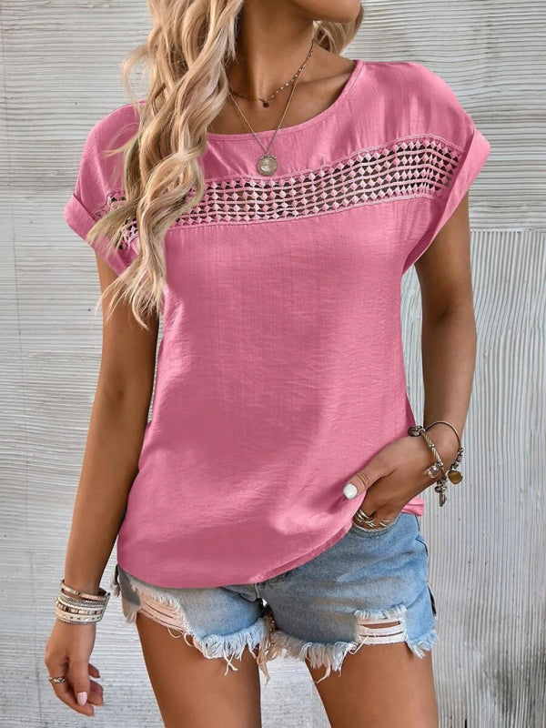 Women's Solid Color Lace Trim Short Sleeve Top