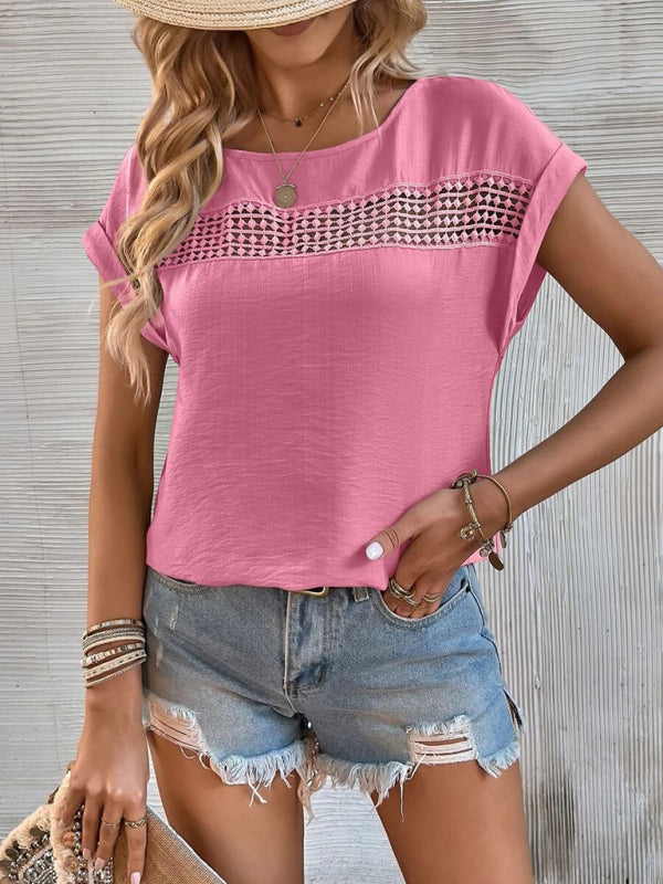 Women's Solid Color Lace Trim Short Sleeve Top