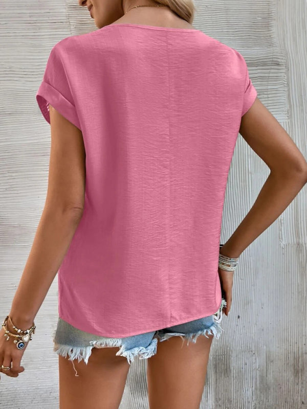 Women's Solid Color Lace Trim Short Sleeve Top