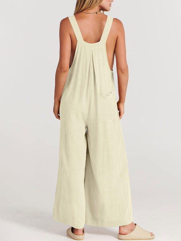 Women's Solid Color Wide Leg Linen Jumpsuit