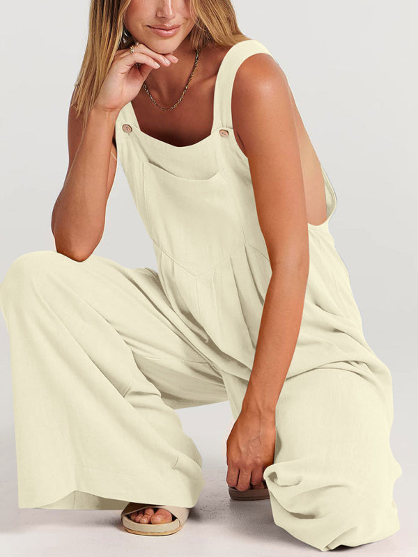 Women's Solid Color Wide Leg Linen Jumpsuit