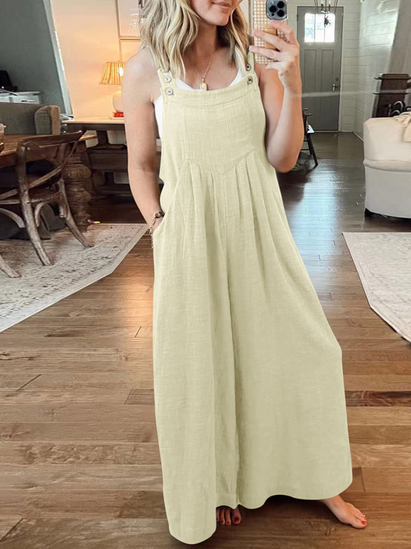 Women's Solid Color Wide Leg Linen Jumpsuit