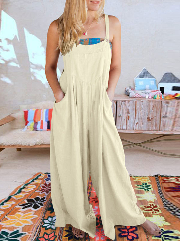 Women's Solid Color Wide Leg Linen Jumpsuit