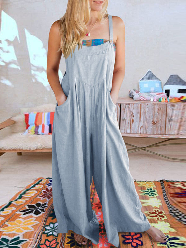 Women's Solid Color Wide Leg Linen Jumpsuit