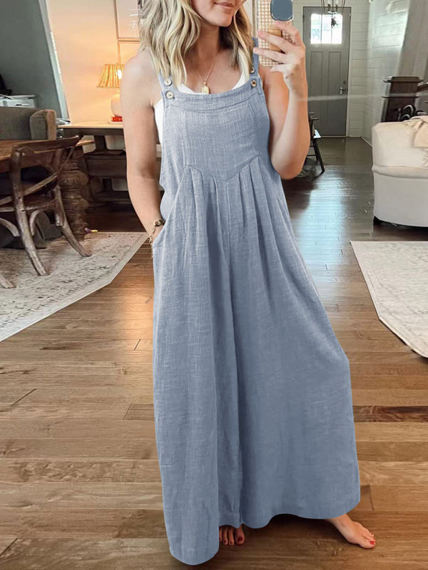 Women's Solid Color Wide Leg Linen Jumpsuit