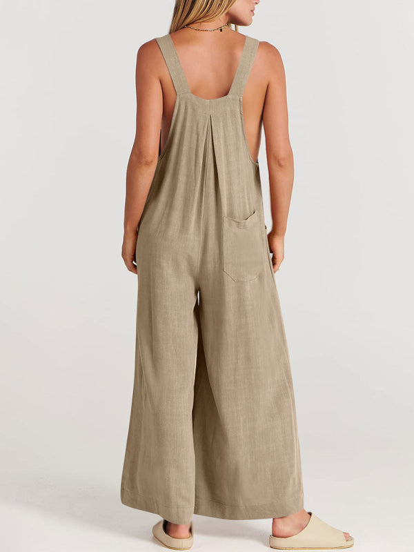 Women's Solid Color Wide Leg Linen Jumpsuit