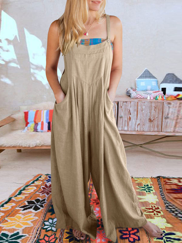 Women's Solid Color Wide Leg Linen Jumpsuit
