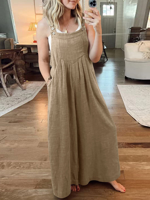 Women's Solid Color Wide Leg Linen Jumpsuit