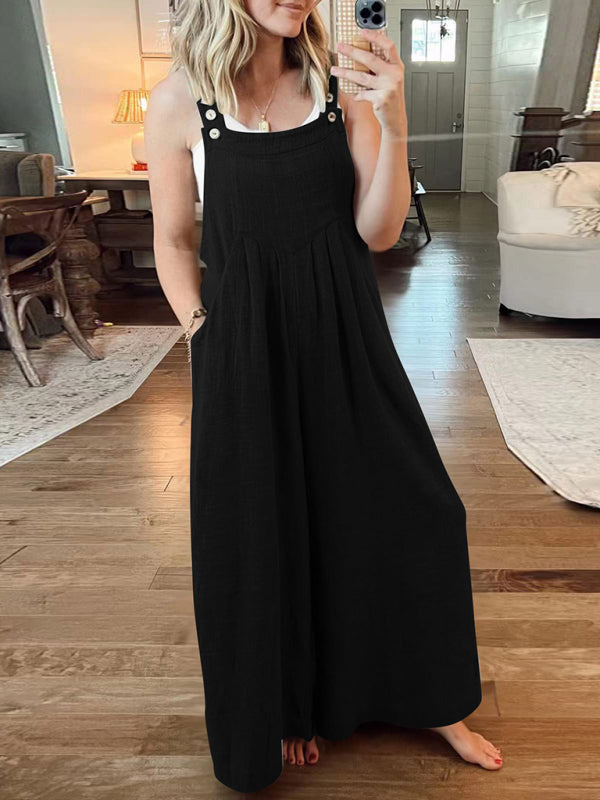 Women's Solid Color Wide Leg Linen Jumpsuit