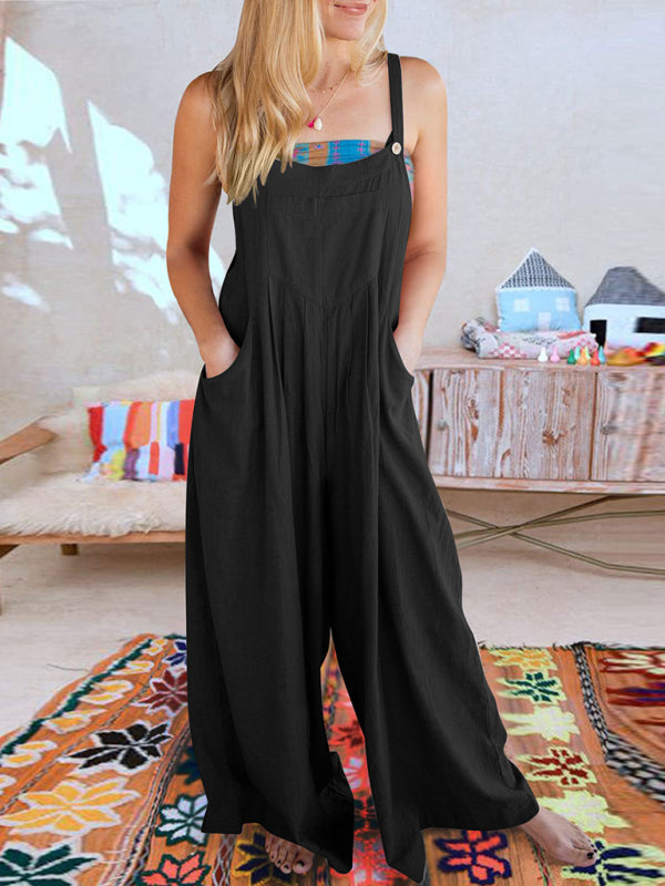 Women's Solid Color Wide Leg Linen Jumpsuit