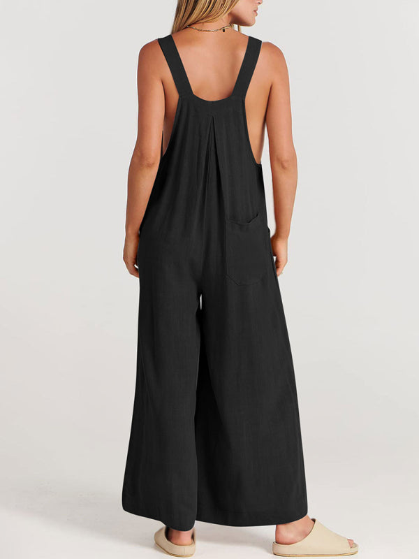 Women's Solid Color Wide Leg Linen Jumpsuit