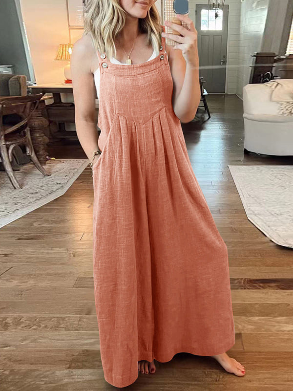 Women's Solid Color Wide Leg Linen Jumpsuit