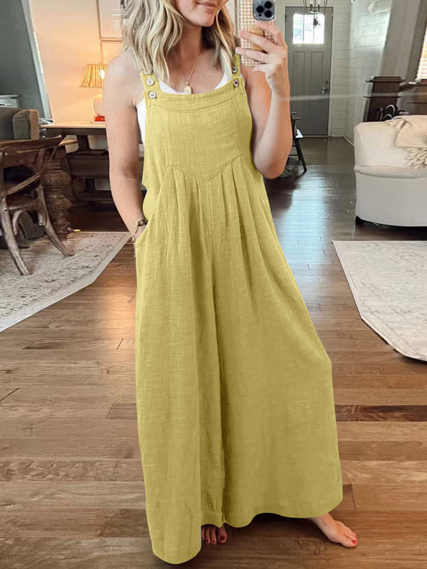 Women's Solid Color Wide Leg Linen Jumpsuit