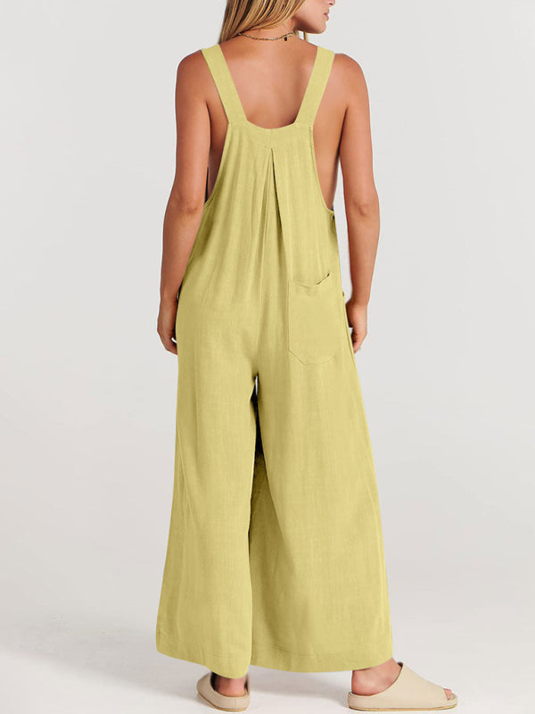 Women's Solid Color Wide Leg Linen Jumpsuit