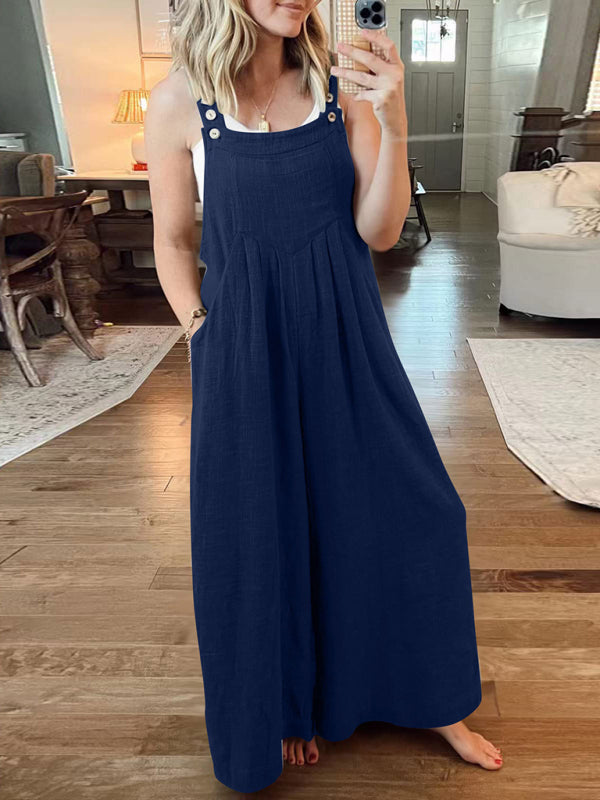 Women's Solid Color Wide Leg Linen Jumpsuit