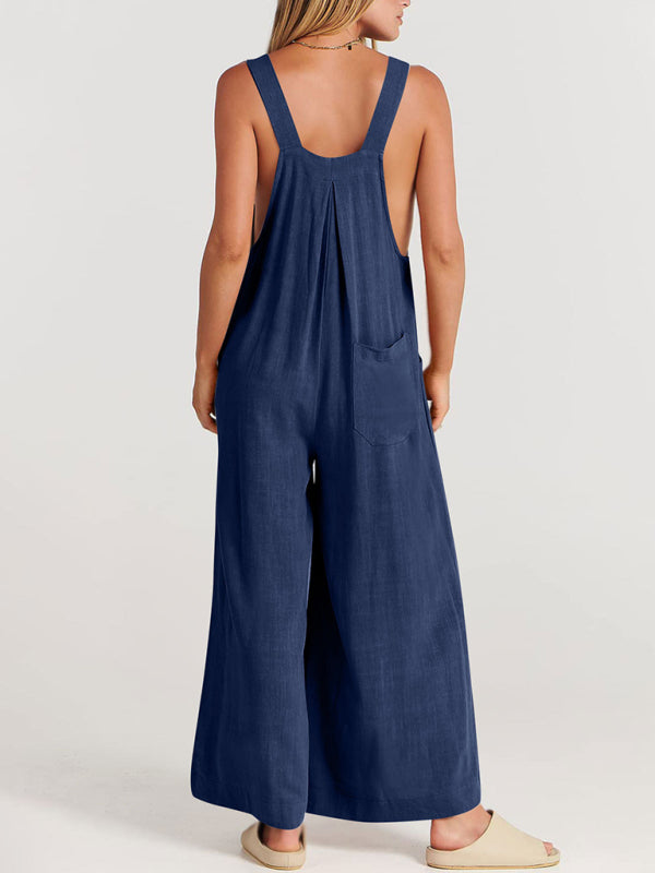Women's Solid Color Wide Leg Linen Jumpsuit
