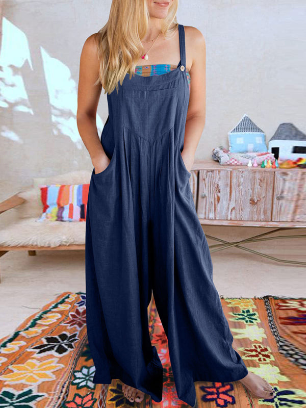 Women's Solid Color Wide Leg Linen Jumpsuit